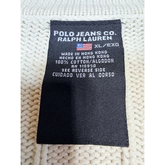 Polo Jeans Ralph Lauren Vintage 1/4 Zip Ribbed Knit Sweater Cotton XL Cream - Picture 2 of 12